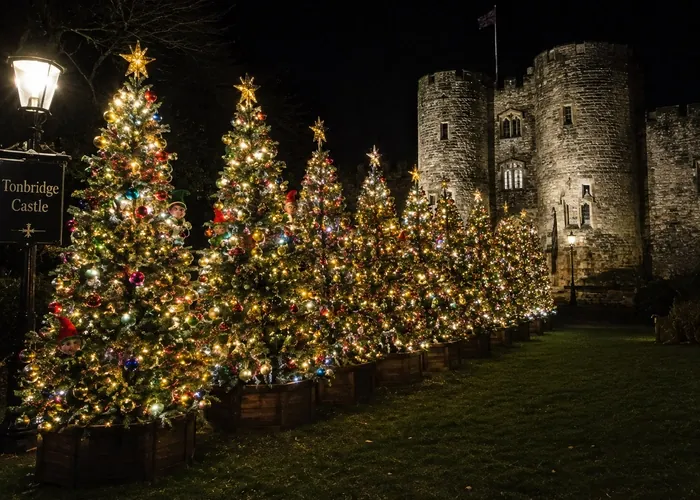 Row of lit Christmas trees leading to Tonbridge Castle